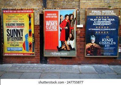 London, England - January 24, 2015: Billboard Posters On A Brick Wall Advertising Musicals And Plays In The West End Of London.  In 2013, Ticket Sales For London Theatres  Were In Excess Of 500m 