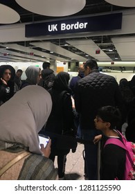 London, England – January 5, 2019: Brexit - Long Queues At UK Border Control, EU And Non-EU Passport Control And Immigration At London Heathrow Airport Terminal 5, England, United Kingdom, Europe