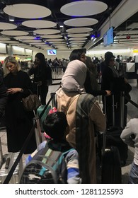 London, England – January 5, 2019: Brexit - Long Queues At UK Border Control, EU And Non-EU Passport Control And Immigration At Terminal 5 At London Heathrow Airport, England, United Kingdom, Europe