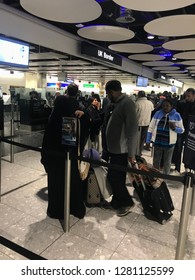 London, England – January 5, 2019: Brexit - Long Queues At UK Border Control, EU And Non-EU Passport Control And Immigration At Terminal 5 At London Heathrow Airport, England, United Kingdom, Europe