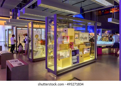 LONDON, ENGLAND - JUL 23, 2016: Interior of the Science Museum, a major museum on Exhibition Road in South Kensington, London. It was founded in 1857