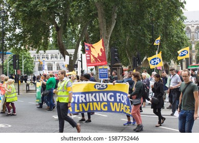 London, England - July 18. 2019: Strike For Living Wage In London. Workers Protesting In The Streets Of London.