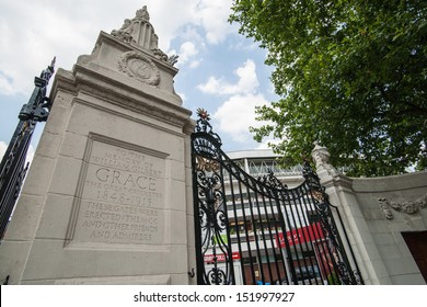 LONDON, ENGLAND - JULY 18: Lords Cricket Ground entrance gate commemorating the famous player W G Grace, London, England suburb of St John's Wood, July 18,2013. Lords is official home of cricket.