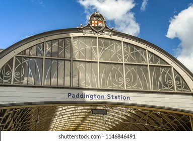 LONDON, ENGLAND - JULY 2018: Close up of the canopy over the entrance to London Paddington railway station