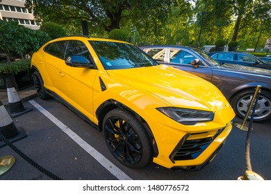 LONDON, ENGLAND - JULY 2018: Supercars Parked Outside The Dorchester Hotel In London. One Of The Best Places In The World To Spot Super Cars, Especially After Ramadan