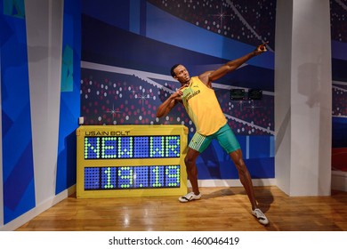 LONDON, ENGLAND - JULY 22, 2016: Jamaican runner Usaine Bolt,  Madame Tussauds wax museum. It is a major tourist attraction in London