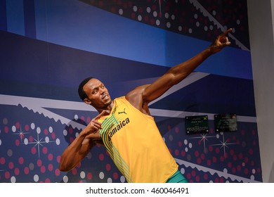 LONDON, ENGLAND - JULY 22, 2016: Jamaican runner Usaine Bolt,  Madame Tussauds wax museum. It is a major tourist attraction in London