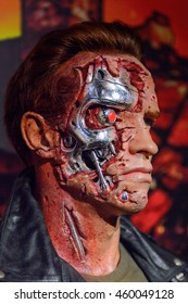 LONDON, ENGLAND - JULY 22, 2016: Arnold Schwarzenegger As The Terminator, Madame Tussauds Wax Museum. It Is A Major Tourist Attraction In London