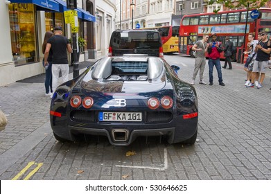 LONDON, ENGLAND - JULY 30: Bugatti Veyron Parked On The Street On July 30, 2016 In London. One Of The Best Places In The World To Spot Super Cars, Especially After Ramadan. 