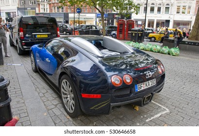 LONDON, ENGLAND - JULY 30: Bugatti Veyron Parked On The Street On July 30, 2016 In London. One Of The Best Places In The World To Spot Super Cars, Especially After Ramadan. 