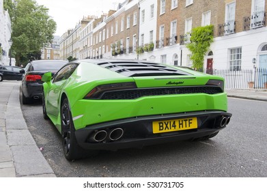 LONDON, ENGLAND - JULY 30: Lamborghini Huracan Parked On The Street On July 30, 2016 In London. One Of The Best Places In The World To Spot Super Cars, Especially After Ramadan. 