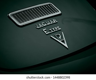London, England - June 02, 2019: Detail of Jaguar E Type, a two door british made sports car produced between 1961 and 1975. 