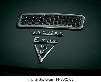 London, England - June 02, 2019: Detail of Jaguar E Type, a two door british made sports car produced between 1961 and 1975. 