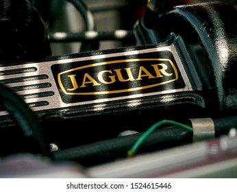 London, England - June 02, 2019: Detail of Jaguar E Type 4.2 Litre Engine, a two door british made sports car produced between 1961 and 1975. 
