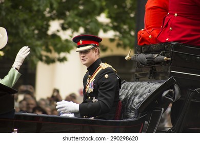 London, England - June 13, 2015:  Prince Harry in an open carriage for trooping the colour 2015 to mark the Queens official birthday, London, UK.