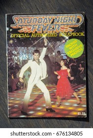 London, England - June 15, 2017: Saturday Night Fever Official Authorized Scrapbook from the film launched in 1977, Starring John Travolta and Karen Lynn Gorney