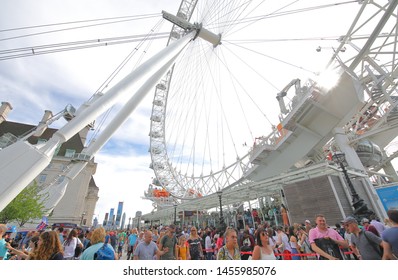 LONDON ENGLAND - JUNE 2, 2019: Unidentified People Queue At London Eye Observation Wheel London UK.