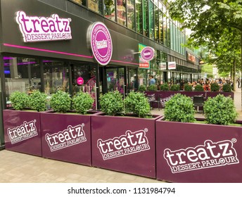 LONDON, ENGLAND - JUNE 2018:  Branch Of The Treatz Dessert Parlour Chain With Outdoor Seating At Wembley Stadium In North London