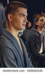 London, England - June 2019, London Fashion Week Men's. Backstage, Male Model In Hair And Makeup.