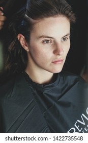 London, England - June 2019. Female Model In Hair And Makeup Prior To A Catwalk Show At London Fashion Week Men's Spring/Summer 2020 Season.