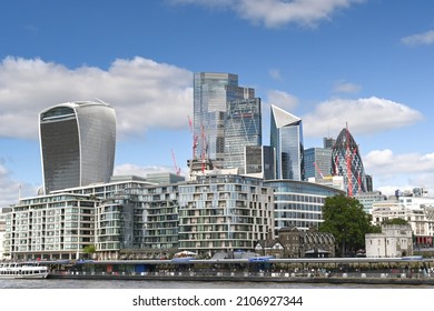 London, England - June 2020: Skyline Of Office Buildings And Apartment Blocks In The City Of London.