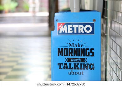 LONDON ENGLAND - JUNE 5, 2019: Metro Free Newspaper Stand In London England