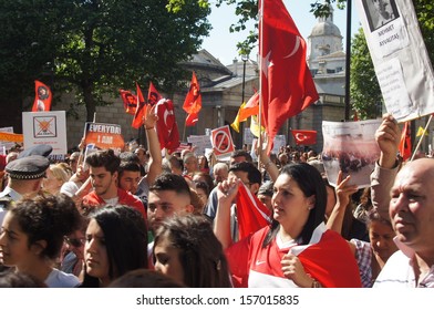 LONDON, ENGLAND - JUNE 8,2013: Turkish And Kurdish Protesters March In Central London, Against The Turkish Government's Authoritarian Regime.