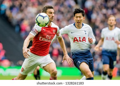 London, England - March 02 2019: Laurent Koscielny Of Arsenalduring The Premier League Match Between Tottenham Hotspur And Arsenal At Wembley Stadium