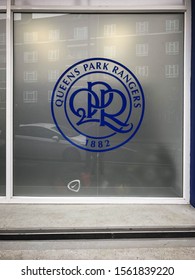 LONDON, ENGLAND - MARCH 1, 2019: Queens Park Rangers Logo On A Window At Loftus Road Stadium In London, England