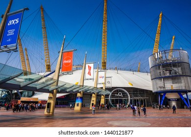 LONDON, ENGLAND - MARCH 2019: The  entrance of the O2 Arena. Its a multi-purpose indoor arena located in the centre of The O2 entertainment complex on the Greenwich Peninsula in south east London, UK