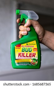 London / England - March 20th 2020: Close Up Of Green Bottle Of Bug Killer Spray To Disinfect And Kill Pests And Bugs On Indoor Plants And Outside In The Garden In Spring