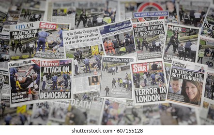 London, England - March 23, 2017: Newspaper headlines the day after the Terrorist attack in Westminster, London in which Khalid Masood killed at least three people.  