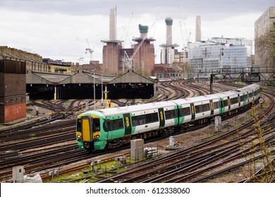 LONDON, ENGLAND - MARCH 31 2017: A Southern Class 377 Train Arrives At London Victoria Rail Station During A Dispute Between Govia Thameslink Railway And Trade Unions Over Driver Only Operation (DOO)