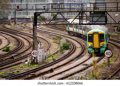 LONDON, ENGLAND - MARCH 31 2017: A Southern Class 377 Train Arrives At London Victoria Rail Station During A Dispute Between Govia Thameslink Railway And Trade Unions Over Driver Only Operation (DOO)