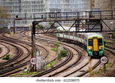 LONDON, ENGLAND - MARCH 31 2017: A Southern Class 377 Train Arrives At London Victoria Rail Station During A Dispute Between Govia Thameslink Railway And Trade Unions Over Driver Only Operation (DOO)