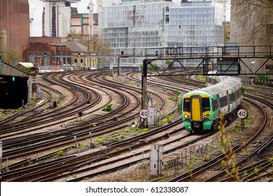 LONDON, ENGLAND - MARCH 31 2017: A Southern Class 377 Train Arrives At London Victoria Rail Station During A Dispute Between Govia Thameslink Railway And Trade Unions Over Driver Only Operation (DOO)