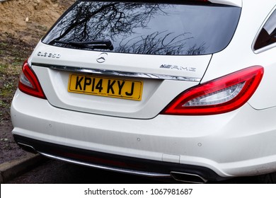 LONDON, ENGLAND - MARCH 8, 2017: White Mercedes Benz CLS 350 AMG, rear view.