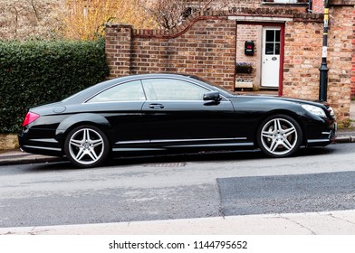 LONDON, ENGLAND - MARCH 8, 2017: Beautiful Black Mercedes Benz, S Class Coupe, Parked On The Side Road, (side View).