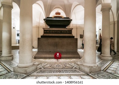 London, England - May 12, 2019: Tomb Of British Admiral Horatio Nelson 1758 1805 In The Crypt Of St Paul's Cathedral .