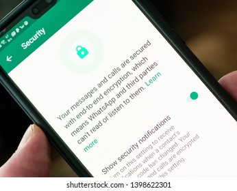 London, England - May 15, 2019: WhatsApp Messenger on a Smartphone, WhatsApp allows users to encrypt their calls and messages for privacy. It is owned by Facebook and founded in 2009.