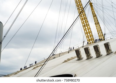 London, England. May 2015. People Climbing The O2 Dome In North Greenwich.