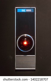 LONDON, ENGLAND - MAY 2019: The original prop of the HAL 9000 from the Stanley Kubrick adaptation of 2001 A Space Odyssey. It is on display along with other pieces at the Design Museum in Kensington.