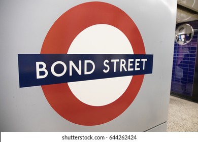 LONDON, ENGLAND - MAY 3: Detail Of London Bond Street Tube Sign On The Wall On May 2,2017