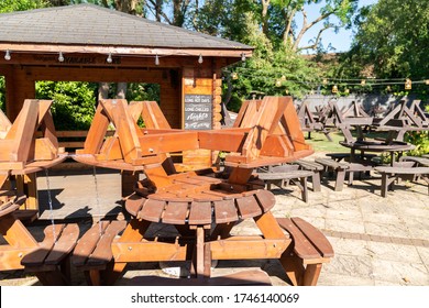 LONDON, ENGLAND - MAY 31, 2020: Beer Garden Of A Traditional British Pub On A Summer's Day Closed With All The Tables Stacked Away Due To Coronavirus COVID-19 Pandemic Lockdown - 3