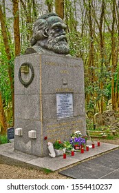 London, England - May 6 2019 : Karl Marx Tomb In The Highgate Cemetery Opened In 1839