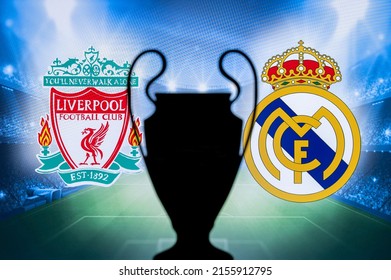 LONDON, ENGLAND, MAY. 8. 2022: FC Liverpool vs Real Madrid. UEFA Champions League Final 2022 in Paris, France, football soccer, Black UCL Trophy Silhouette, logo in background. 28. May 2022