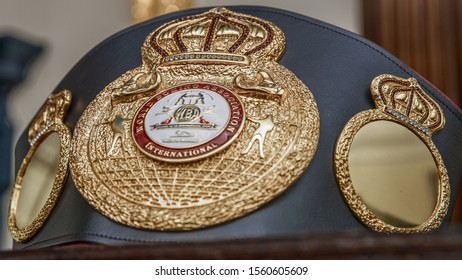 LONDON ENGLAND - NOVEMBER 14TH 2019. A Close Up Off The WBA International Super Featherweight Belt Taken At A Hennessey Sports Press Conference. 