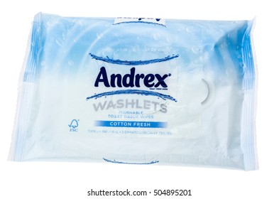 London, England - November 19, 2013: Packet Of Andrex Washlets, Moist Toilet Tissue That Are Flushable, First Introduced In 1992