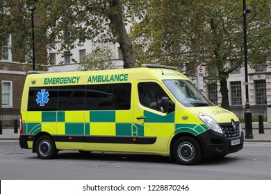 London, England - November 2018: Emergency ambulance of the London Ambulance Service, reaching 70 years of NHS. Responding to urgent medical situations it is the busiest in the UK using transporters