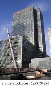 London, England - November 2018: Office tower of the American investment bank JPMorgan Chase as EU headquarters in 25 Bank Street on Canary Wharf and Isle of Dogs. Former Lehman Brothers headquarters